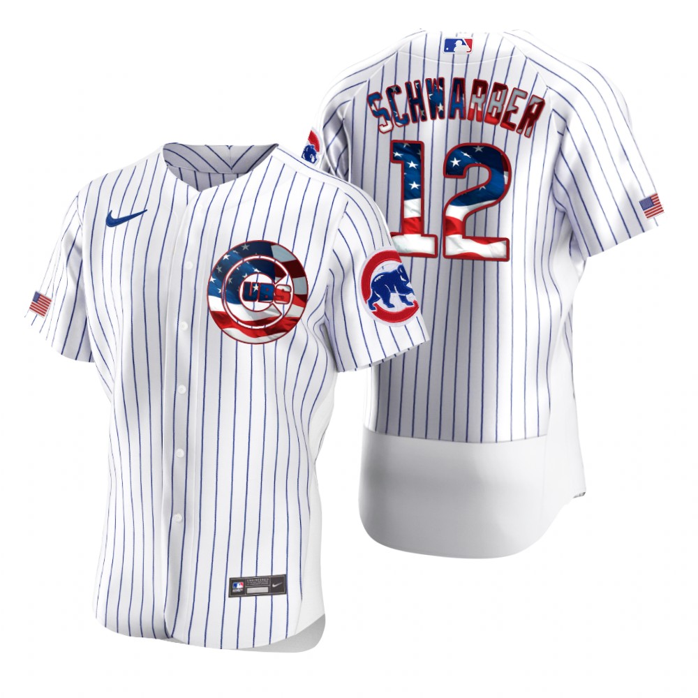 Chicago Cubs #12 Kyle Schwarber Men Nike White Fluttering USA Flag Limited Edition Authentic MLB Jersey